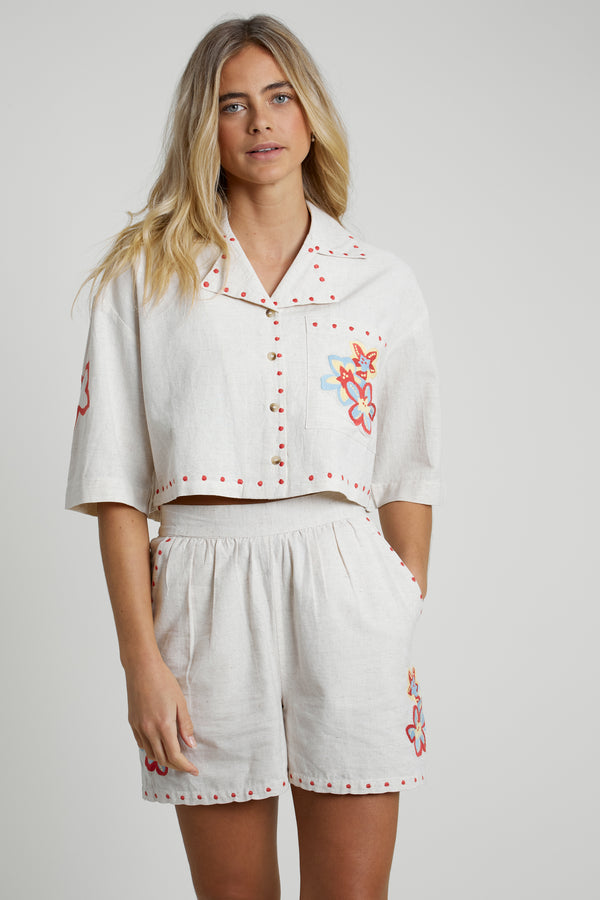 Linen Blend Crop Shirt with Floral Embroidery