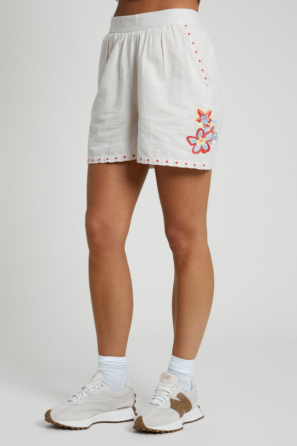 Linen Blend Shorts with Floral Embroidery