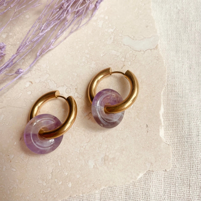 Gold with Lilac Glass Bead Charm Hoops