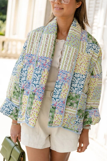 Floral Pattern Quilted Jacket - Spring Green