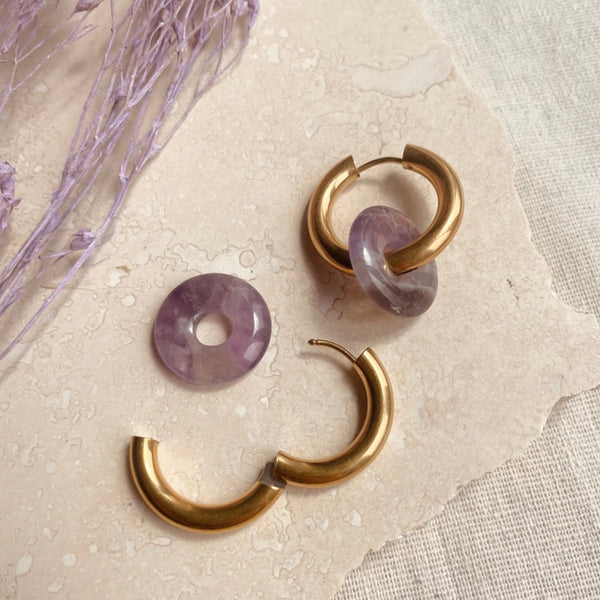 Gold with Lilac Glass Bead Charm Hoops
