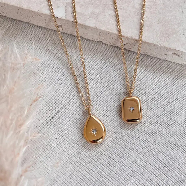 Gold Star Embossed Rectangle Pendant Necklace
