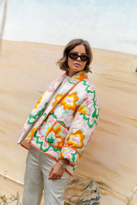 Abstract Pattern Quilted Jacket - Orange and Cream