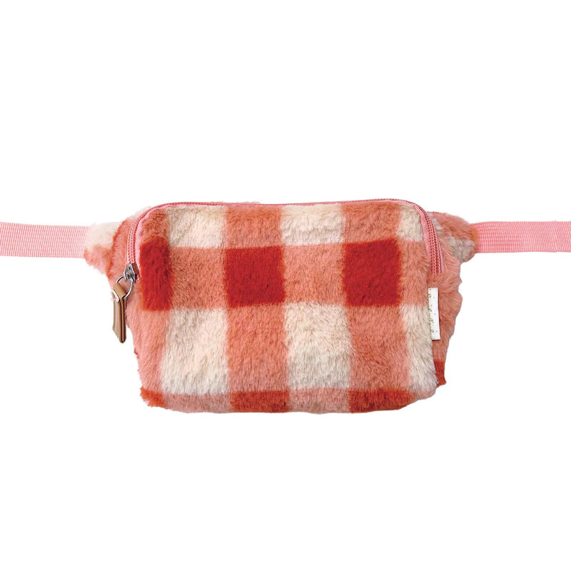 Furry Checked Bum Bag - Coral