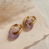 Gold with Lilac Glass Bead Charm Hoops