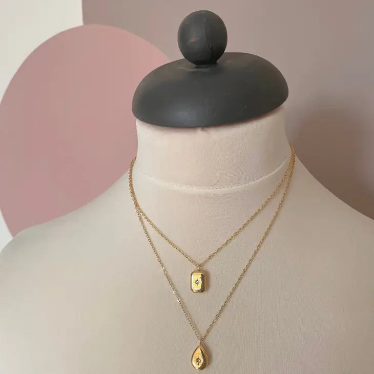 Gold Star Embossed Rectangle Pendant Necklace