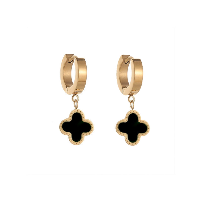 Clover Pendant Chunky Huggie Earrings - Black