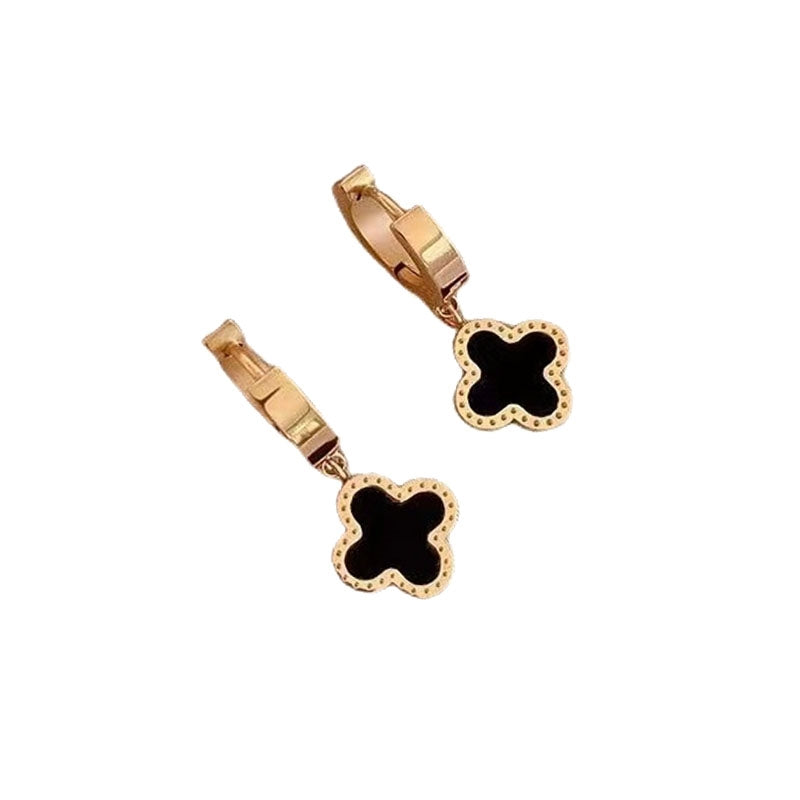 Clover Pendant Chunky Huggie Earrings - Black
