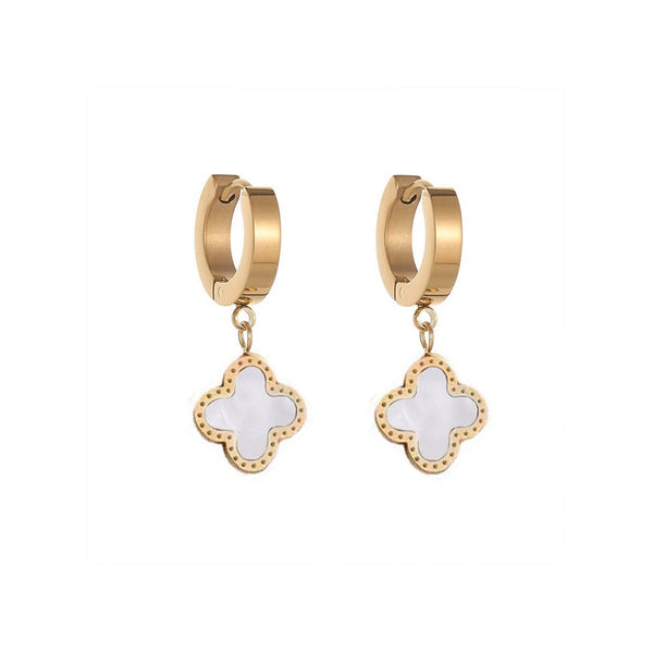 Clover Pendant Chunky Huggie Earrings - White