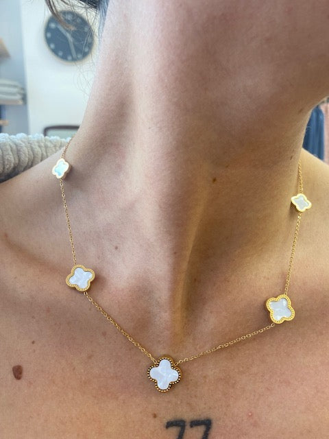 Five Clover Necklace - White & Gold