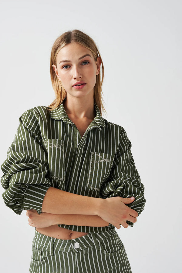 Cropped Piper Jacket - Striped Khaki