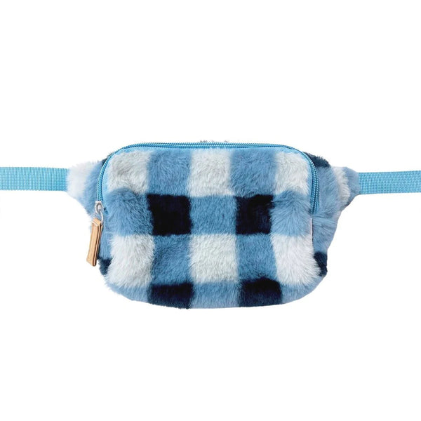 Furry Checked Bum Bag - Blue