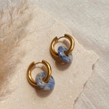 Gold with Blue Marbled Glass Bead Charm Hoops