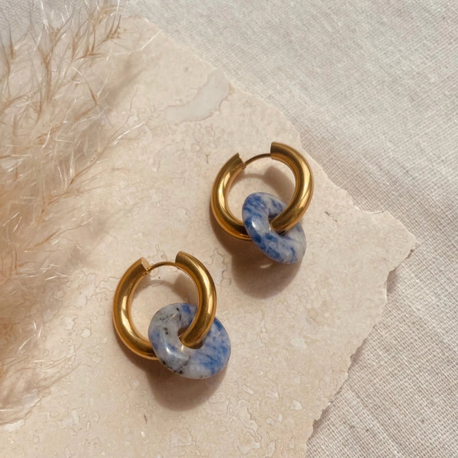 Gold with Blue Marbled Glass Bead Charm Hoops