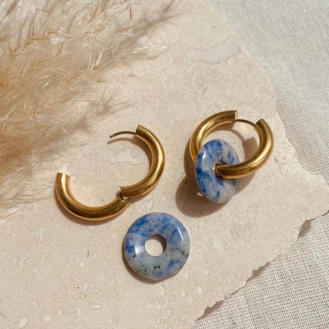 Gold with Blue Marbled Glass Bead Charm Hoops