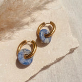 Gold with Blue Marbled Glass Bead Charm Hoops