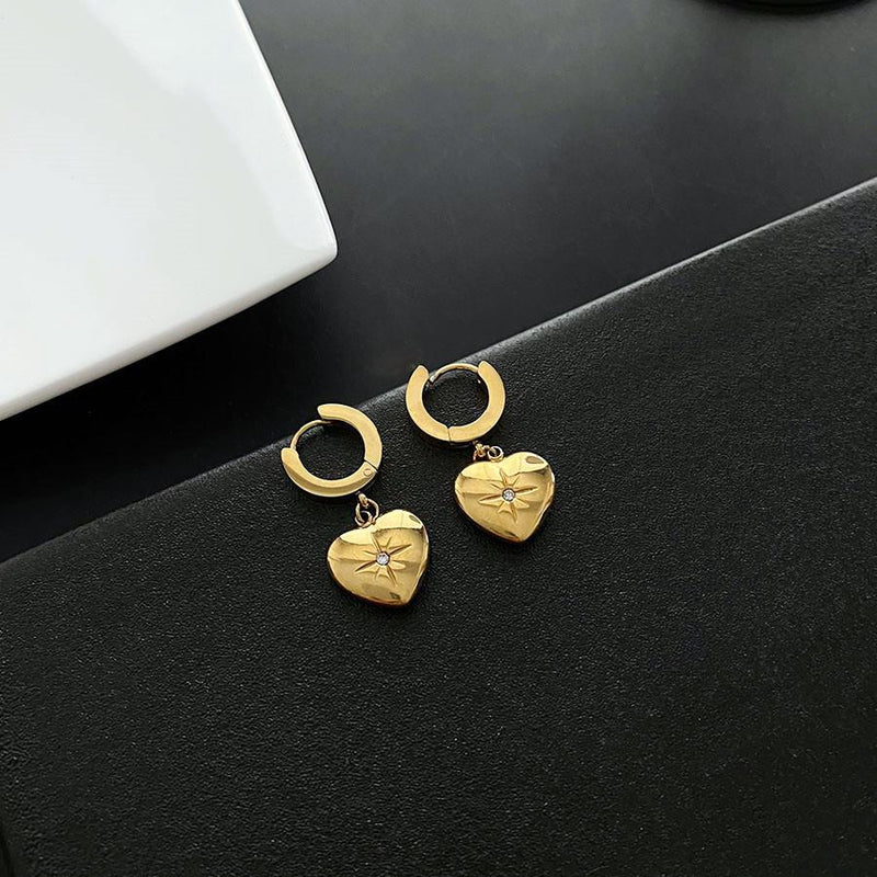 Star Stamped Heart Pendant Huggie Earrings - Gold