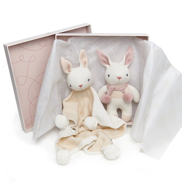 Bunny Rattle and Comforter Set - Pink & White