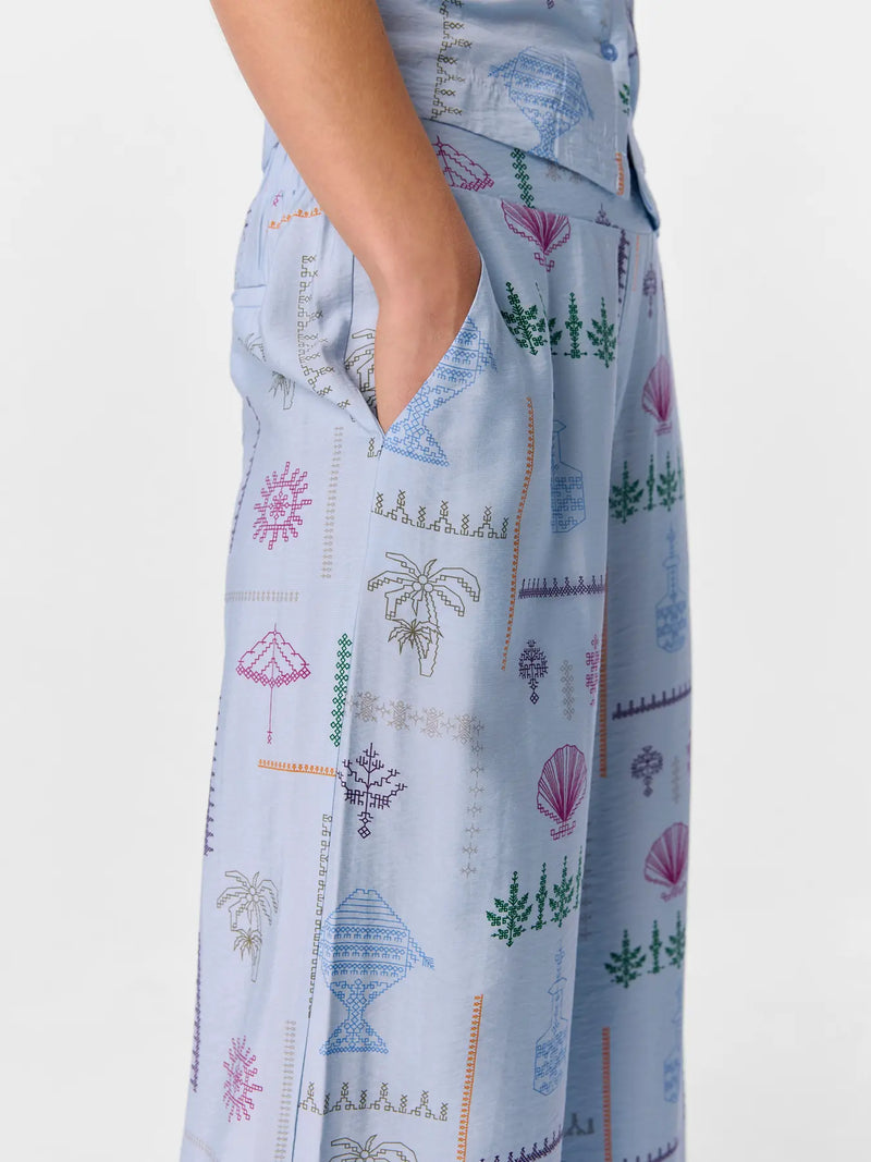 Wide Leg Printed Blue Trousers