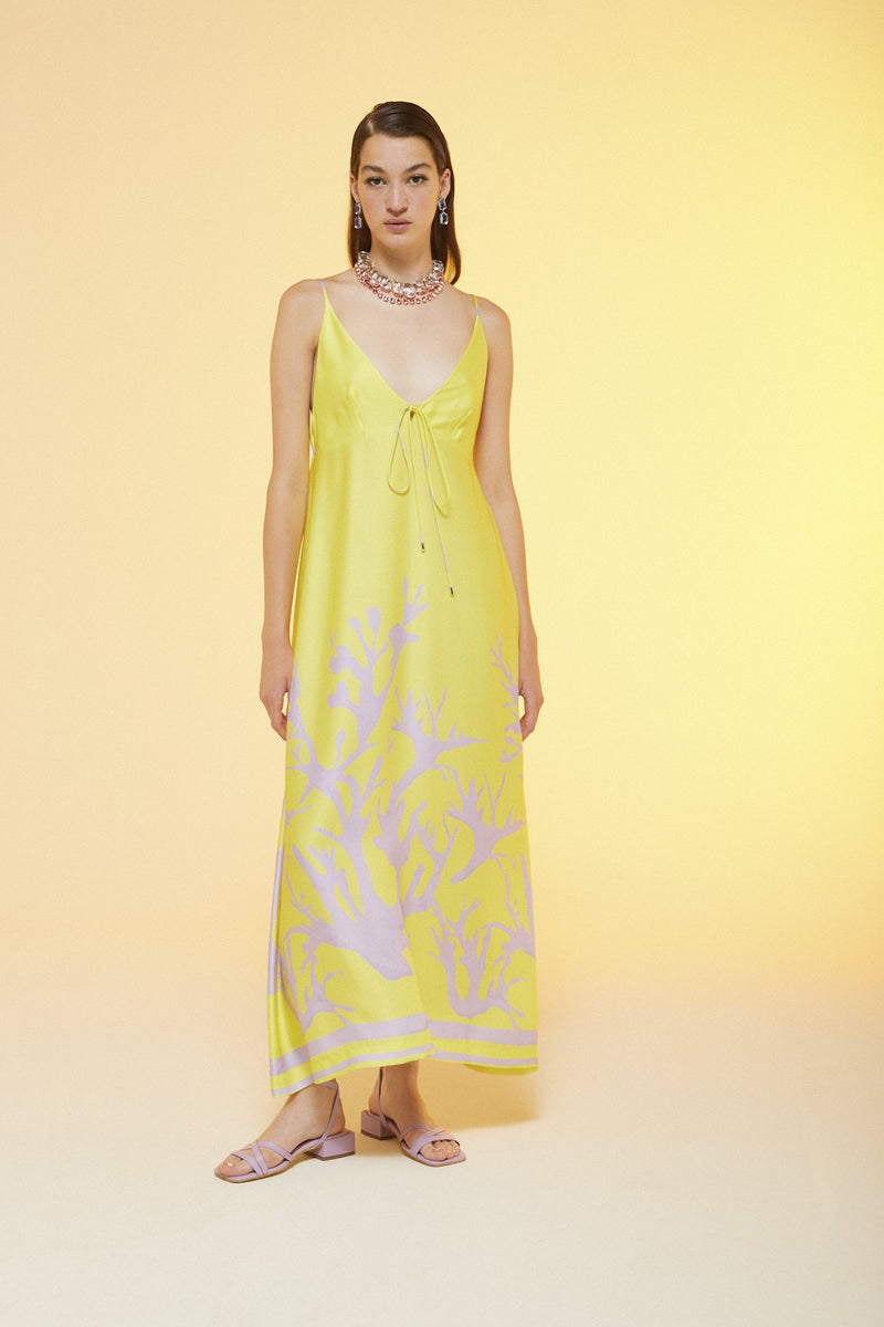 Lime Silk Maxi Dress with Coral Illustration