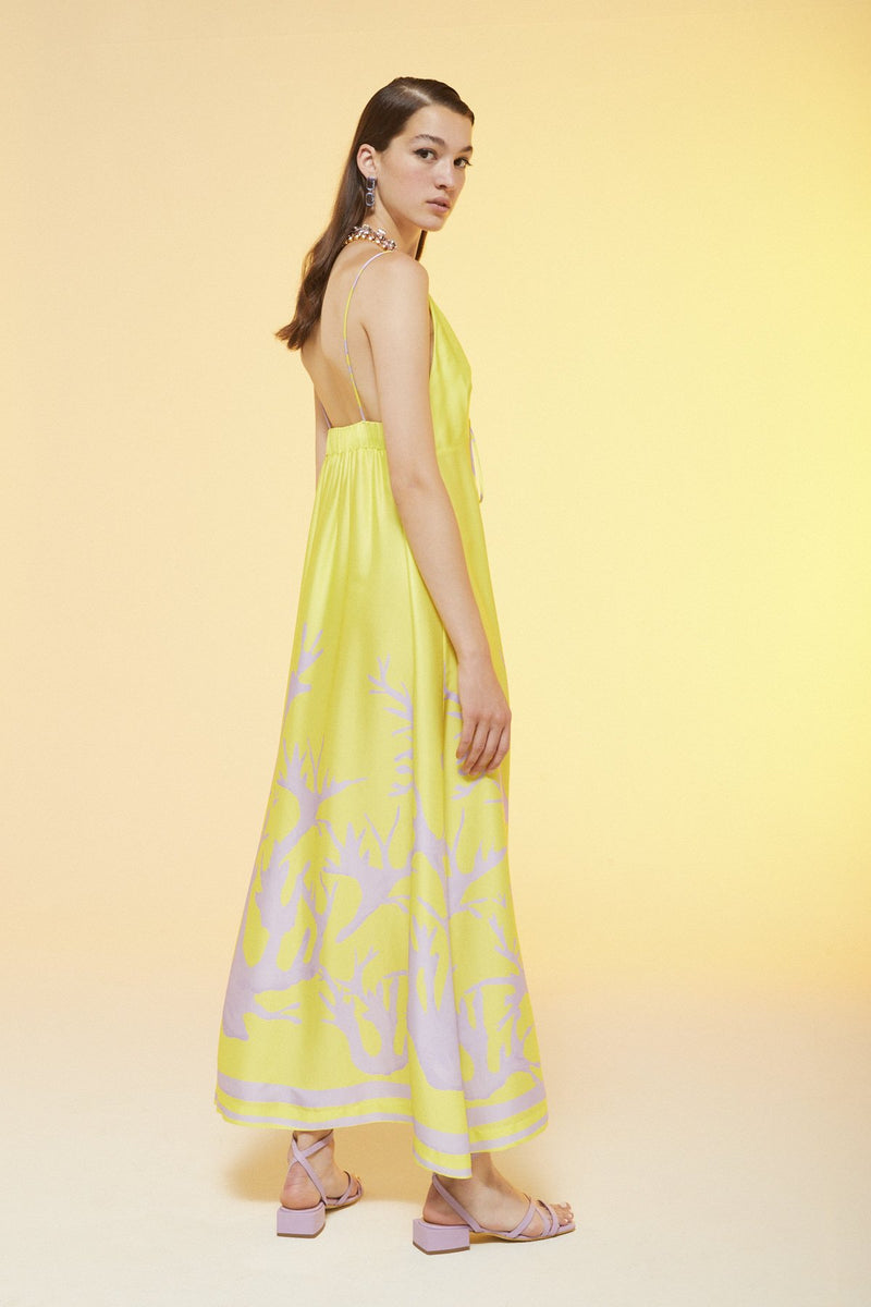 Lime Silk Maxi Dress with Coral Illustration