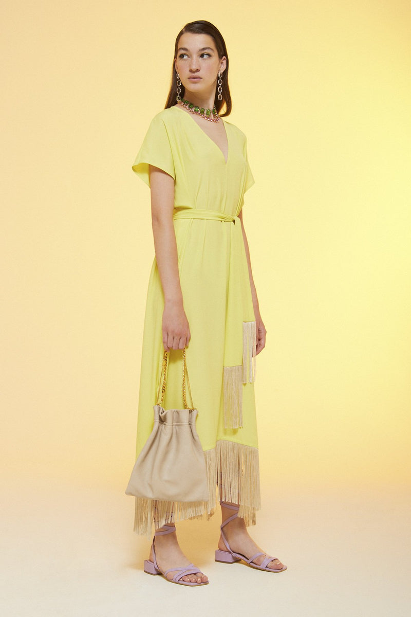 Lime Silk Fluid Maxi Dress with Tassels