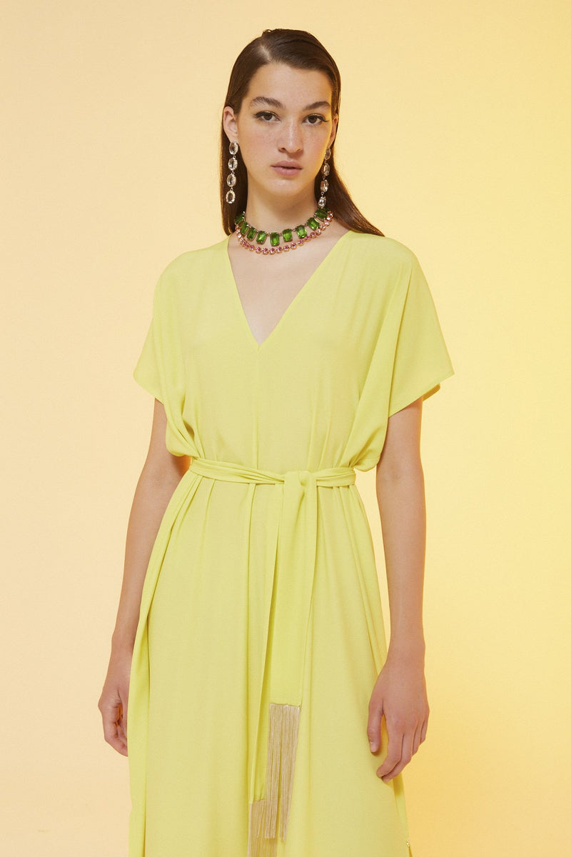 Lime Silk Fluid Maxi Dress with Tassels