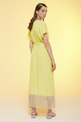 Lime Silk Fluid Maxi Dress with Tassels
