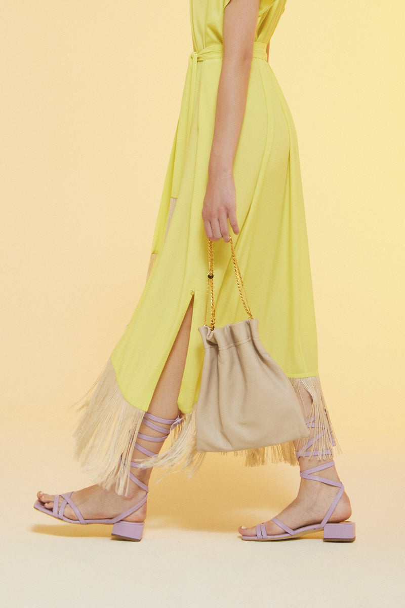 Lime Silk Fluid Maxi Dress with Tassels