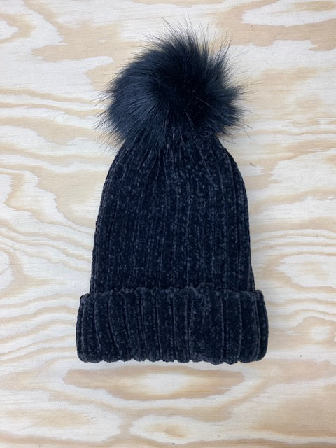 Adults & Mini Black Pom Pom Hat