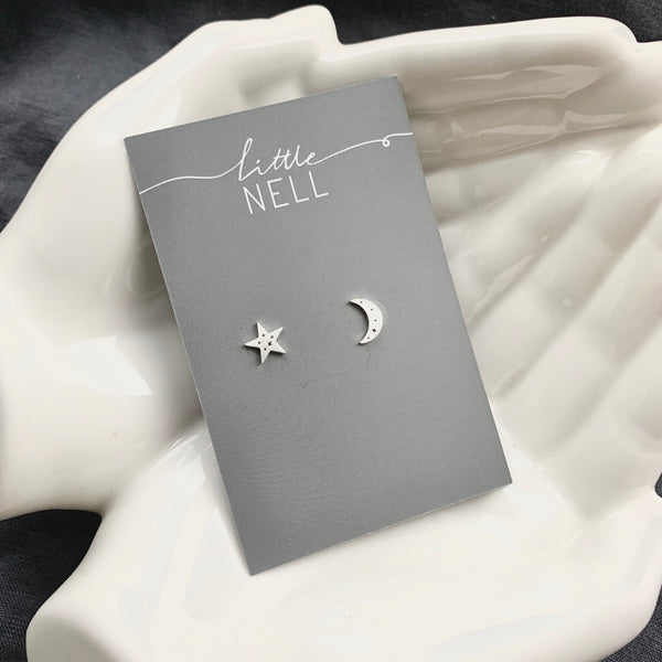 Moon and Star Stud Earrings - Gold or Silver