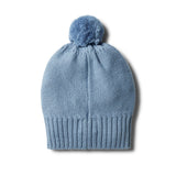 Faded Denim Knitted Hat with Baubles