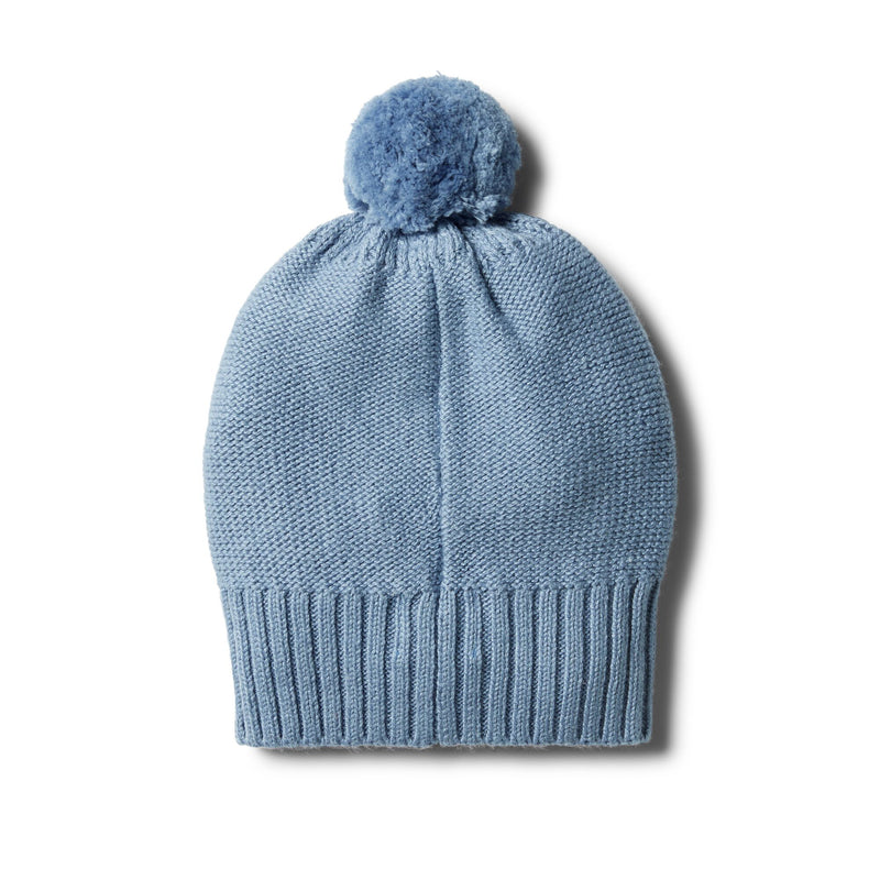Faded Denim Knitted Hat with Baubles