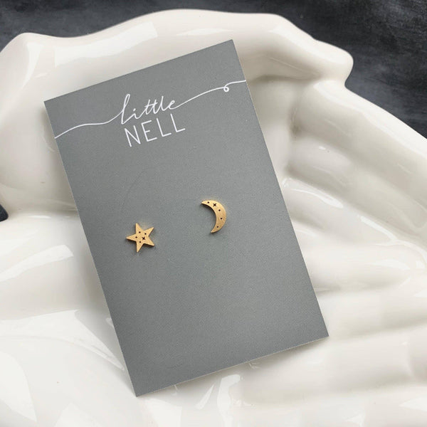 Moon and Star Stud Earrings - Gold or Silver