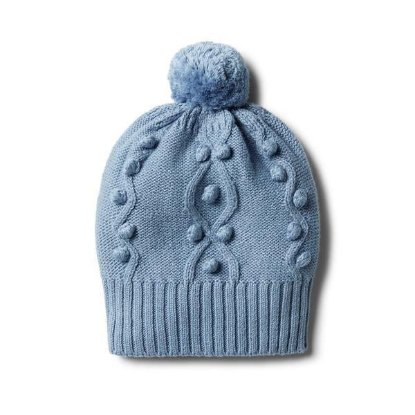 Faded Denim Knitted Hat with Baubles